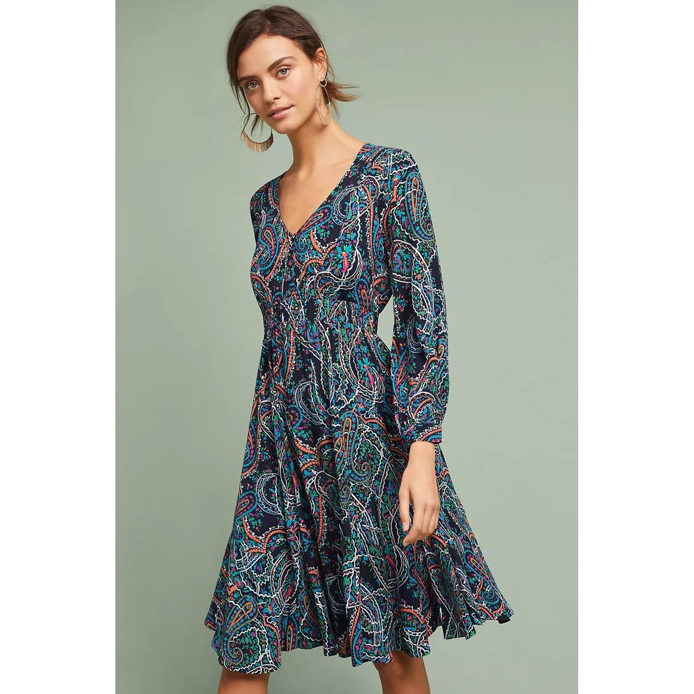 Maeve Anthropologie Maplewood Dress L Navy Blue Paisley Boho V-Neck Long Sleeve